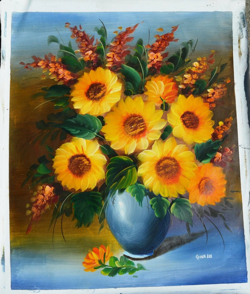 Sunflower oil painting on canvas with yellow blooms in a blue vase and orange flowers