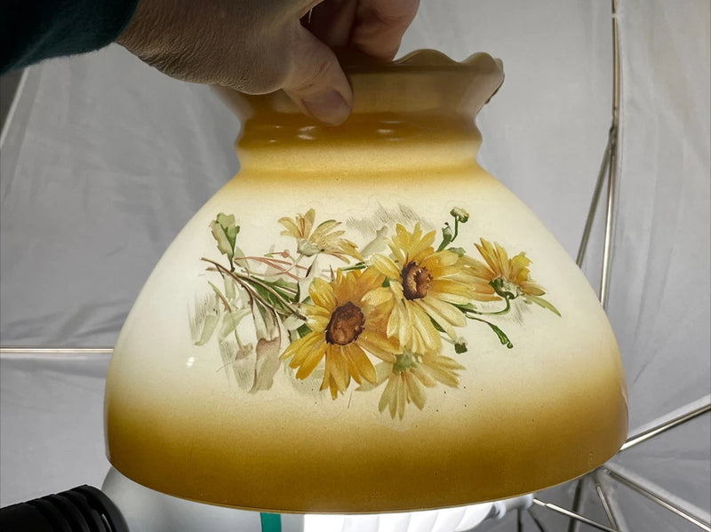 Vtg Glass Student Oil Lamp Shade Yellow Daisy Floral Sunflower Hurricane 8Ó Fit Sunflower