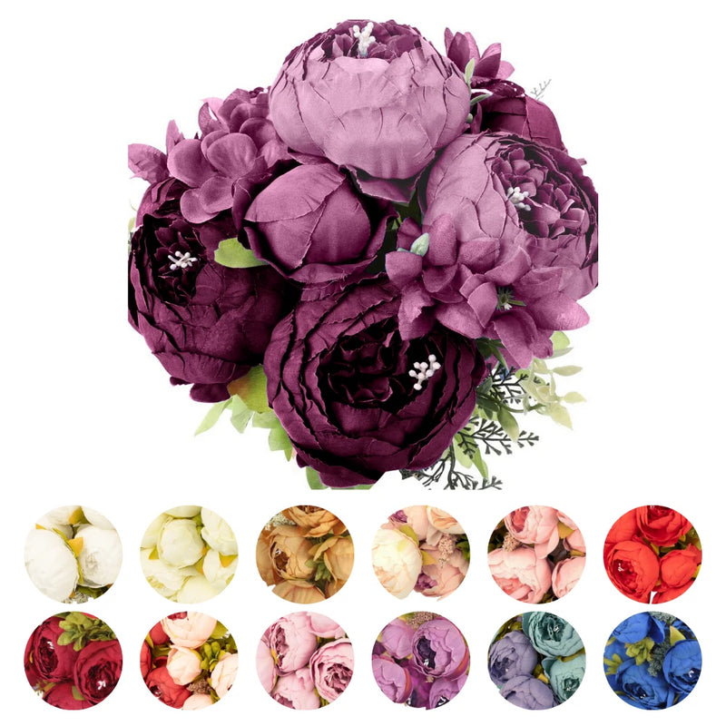 Purple artificial peony flower bouquet with green leaves