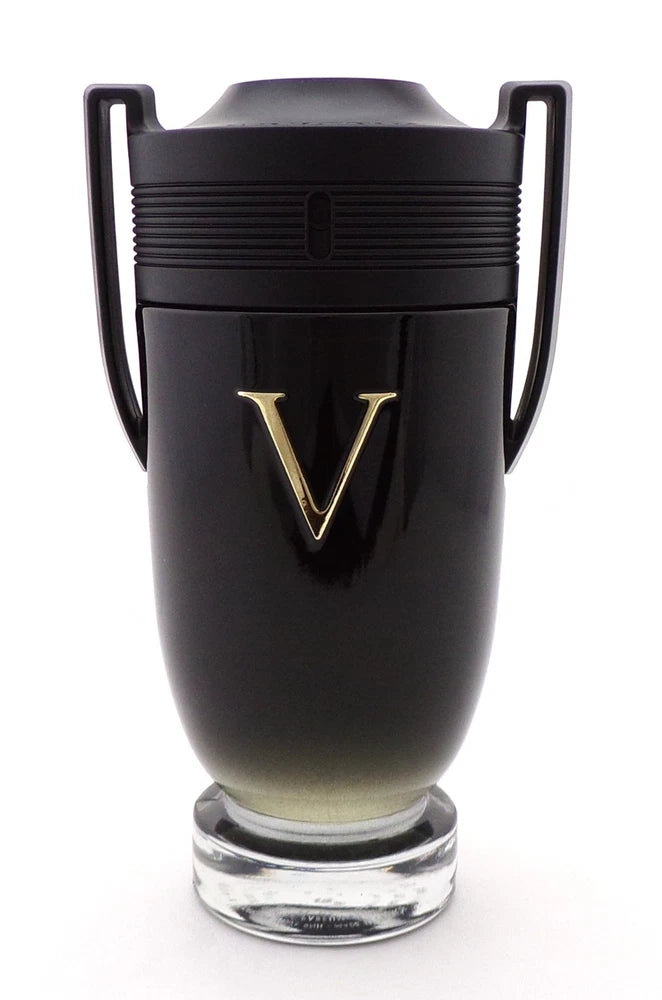 Men's EDP spray bottle, black with gold V logo and glass base
