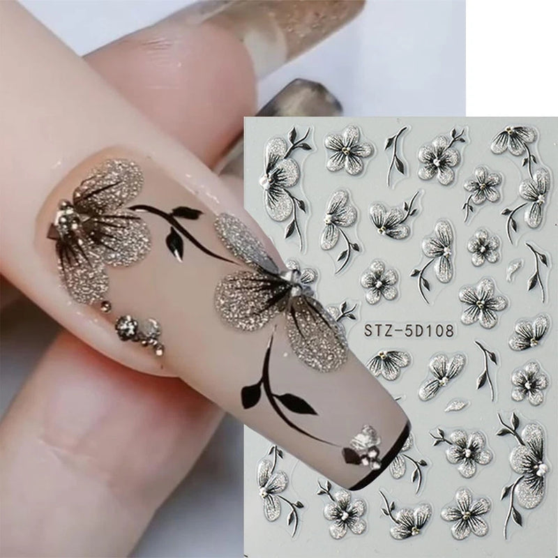 5D Nail Art Stickers Decals Embossed Flowers Floral Daisy Fern Decoration 5D108 Daisies