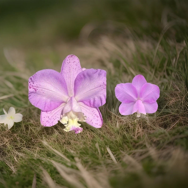 Purple orchid flowers with five petals each, one open bloom and one smaller blossom
