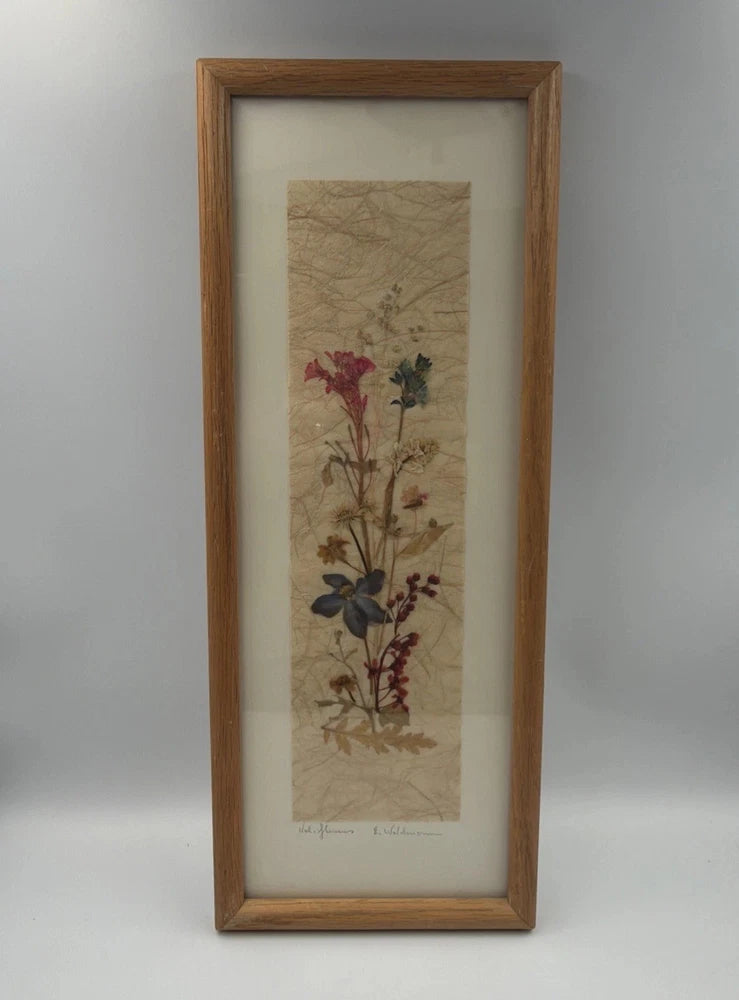 Vintage framed pressed wild flower botanical art in light wood frame