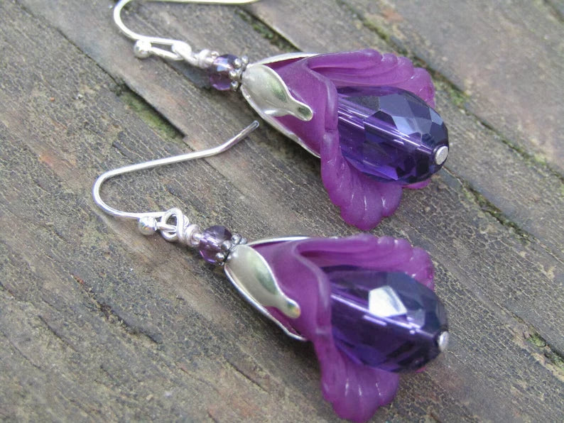 Lucite Flower Earrings Purple Tulip Cala Lily Silver Dangle Earrings Sparkling Lily