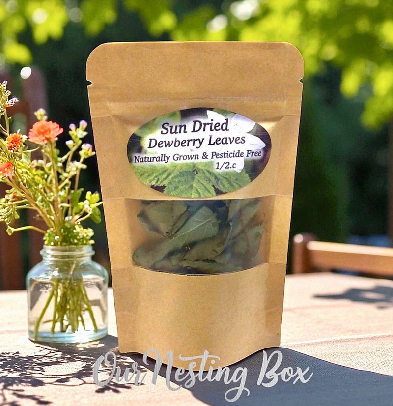 Dried dewberry leaves in kraft stand-up pouch with clear window