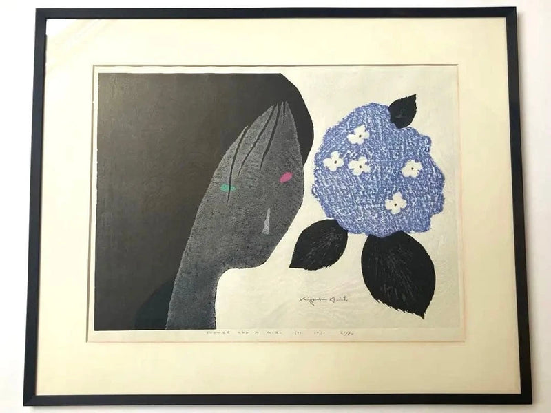 Authentic Kiyoshi Saito Woodblock print hydrangea flower girl mica Hydrangea
