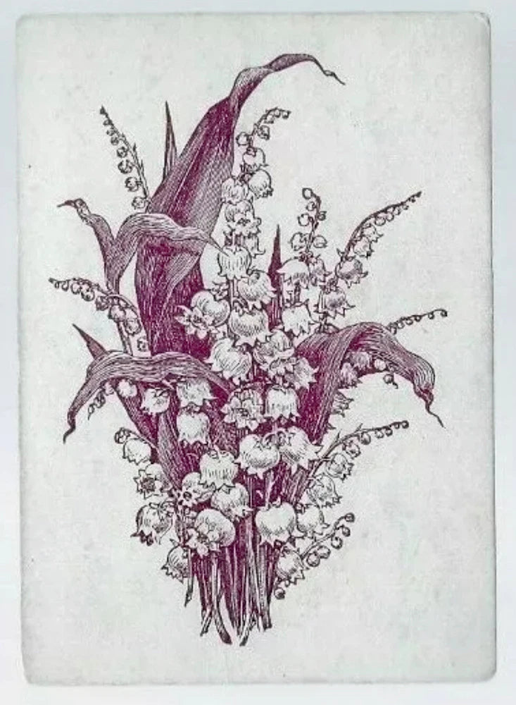 Antique-style playing card with purple lily-of-the-valley floral bouquet and ribbon center