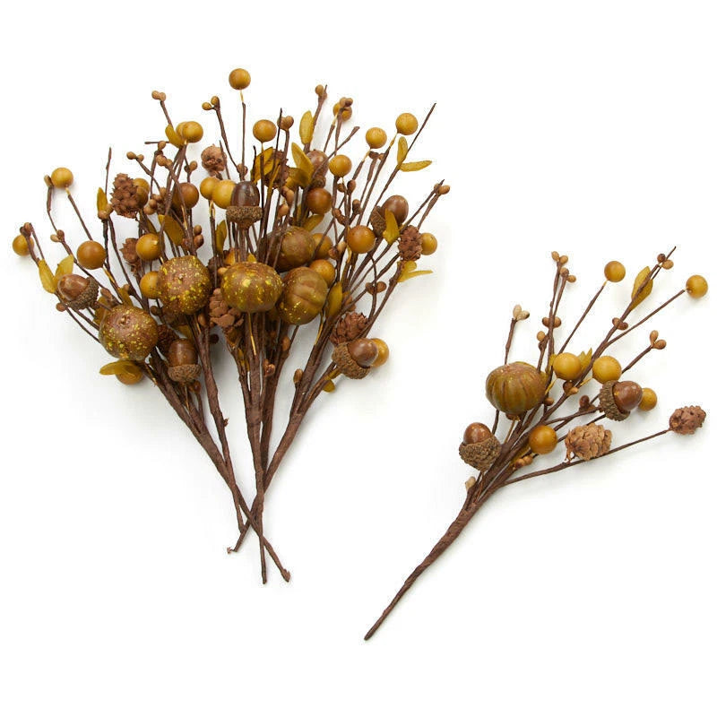 Package of faux berry and acorn floral picks with brown and gold stems