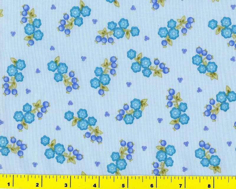 Lt & Dark Blue Flower Sprig & Purple Berry on Light Blue By The Yard CFLBLU03685 Flowering Plants