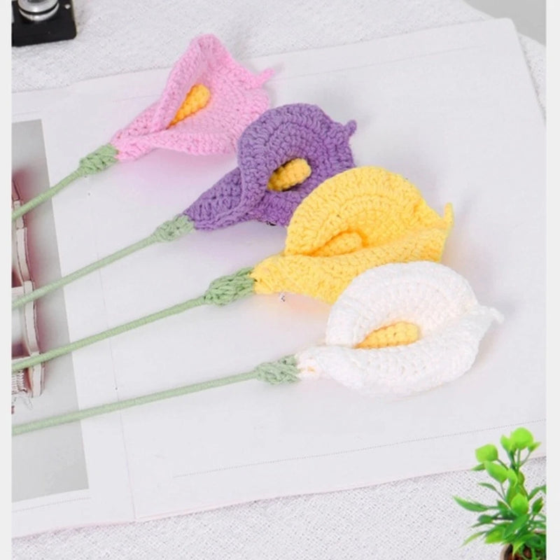 Crochet calla lily flower bouquet, three crocheted lilies in pink, purple, yellow, white