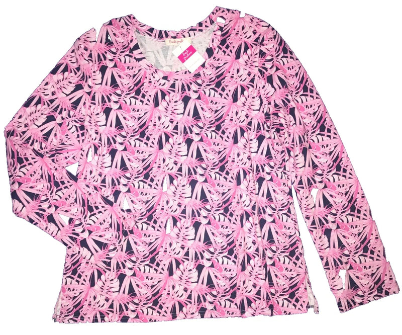 Pink scoop-neck long-sleeve tee with tropical leaf pattern