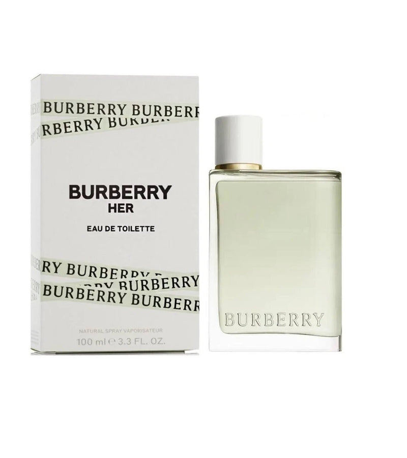 Burberry Her eau de toilette bottle with spray cap and matching product box, pale yellow