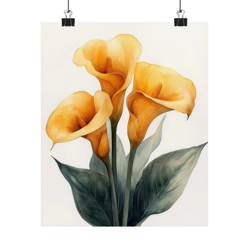 Yellow calla lily art print poster with dark green leaves, minimalist floral design
