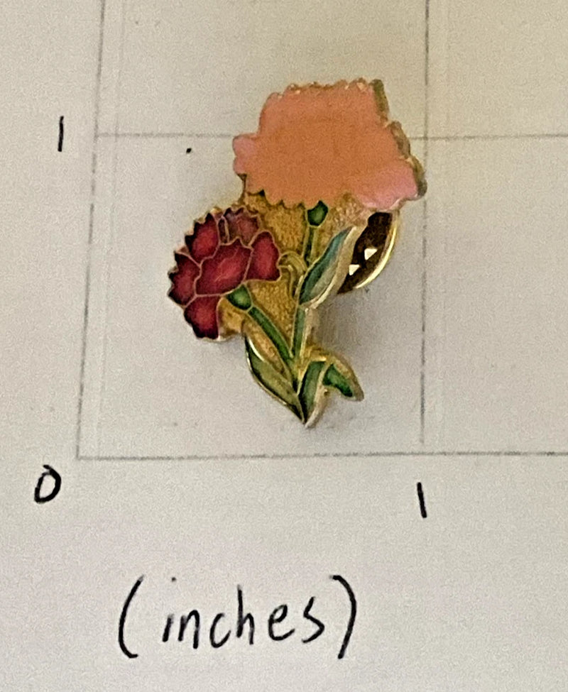 Gold-tone enamel flower pin with two carnations, pink and deep red, leaf design.