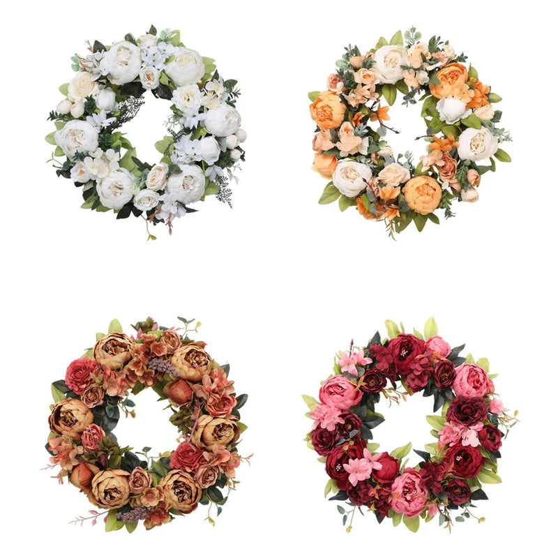 Artificial peony flower wreath with layered blossoms in white, peach, pink, and maroon
