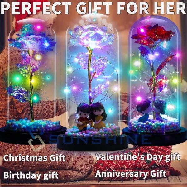 LED rose gift under clear glass dome, multicolor lights on decorative base