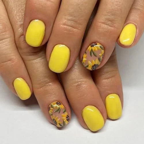 Short square press-on nails, glossy yellow with sunflower flower accent designs