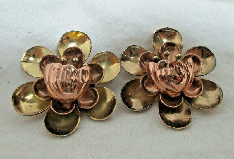 Pair of gilt sterling silver water lily flower brooches with layered gold and rose petals