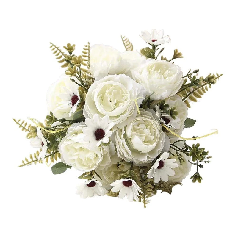 Faux peony flower arrangement with white blooms, dark centers, and green leaves