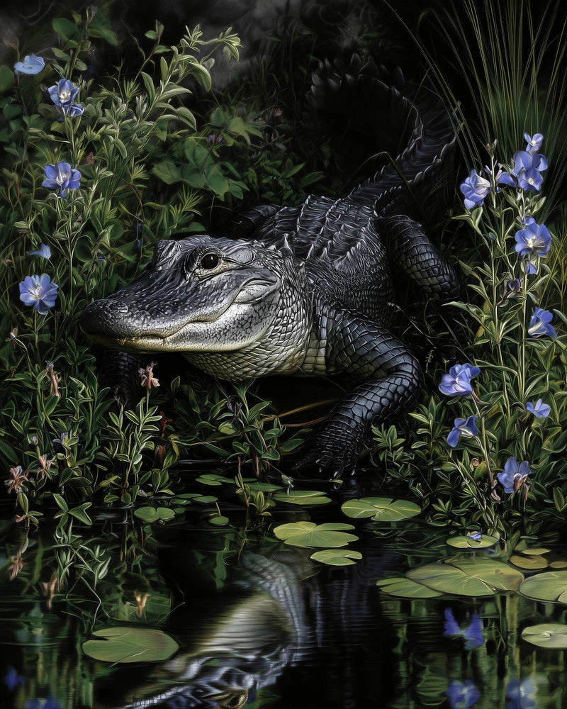 8x10 Alligator resting in lily pond - purple flowers and pads - 332422045 Lily