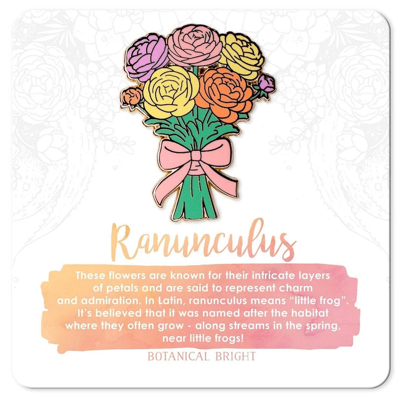 Ranunculus Flower Bunch Enamel Pin - Gold Plated Brooch - New Nature Jewelry Ranunculus