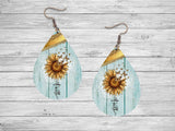 Sunflower Faith on Blue Print Wood Dangle Teardrop Print Earrings Jewelry Sunflower