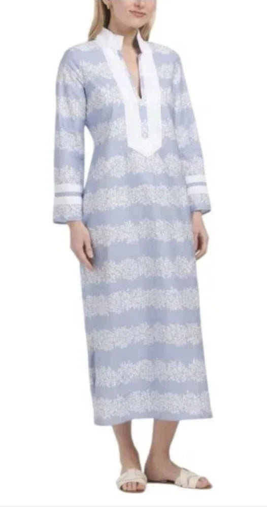Sail To Sable Hydrangea Print Women's Light blue And White Caftan Dress Size XXS Hydrangea