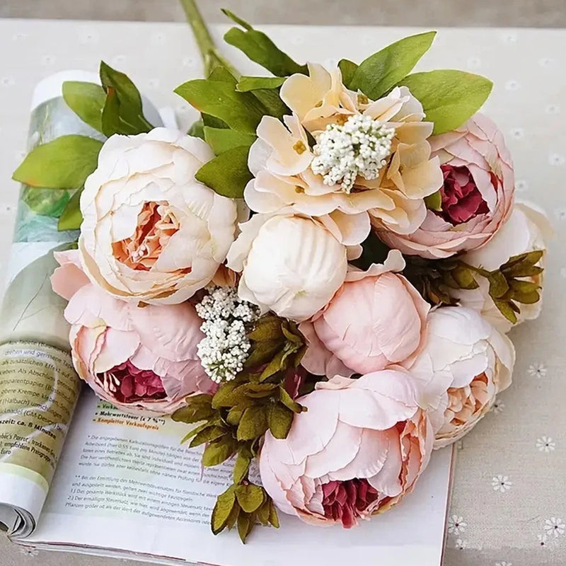 A bouquet of European-style faux peony silk flowers for home decor Bouquet
