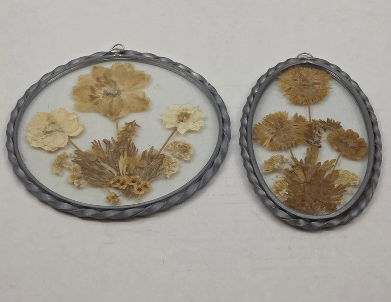 Vintage pressed dried flower wall art: two oval glass metal frames with dried botanicals