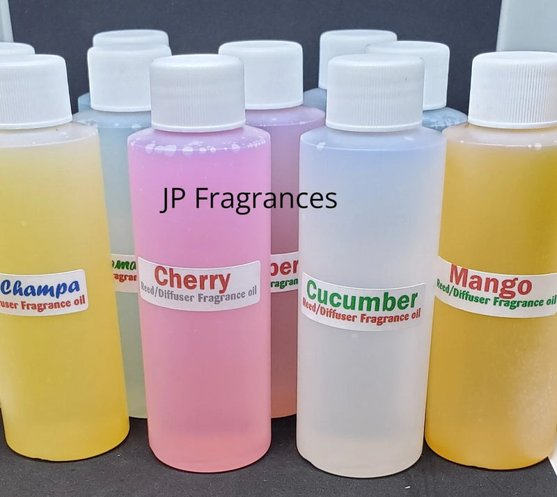 Diffuser oil refill bottles in Cherry, Cucumber, Mango scents with white screw caps