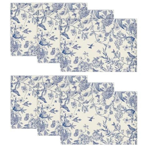 Hydrangea Flowers Branches Chinoiserie 12" x 18", Placemats Set of 6 Blue Hydrangea