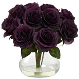 11" SILK ARTIFICIAL FLORAL PURPLE ROSE FLOWER BOUQUET ARRANGEMENT w/ GLASS VASE Green Plant