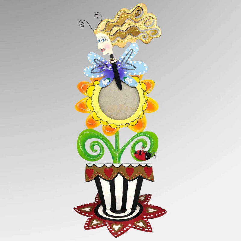 Whimsical butterfly woman photo frame with sunflower and striped accent details