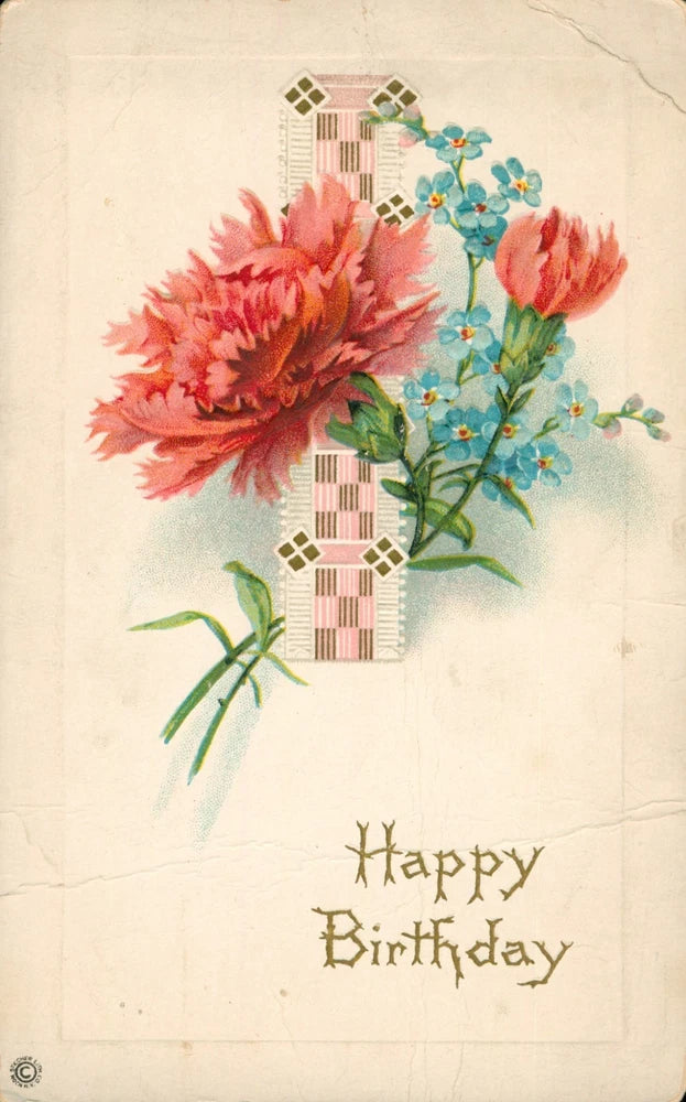 Happy Birthday - Flowers - Pink Carnations -  Vintage early 1900s Postcard Carnation
