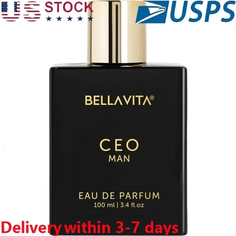 Men's eau de parfum bottle, black with gold cap; CEO Man, 100 ml