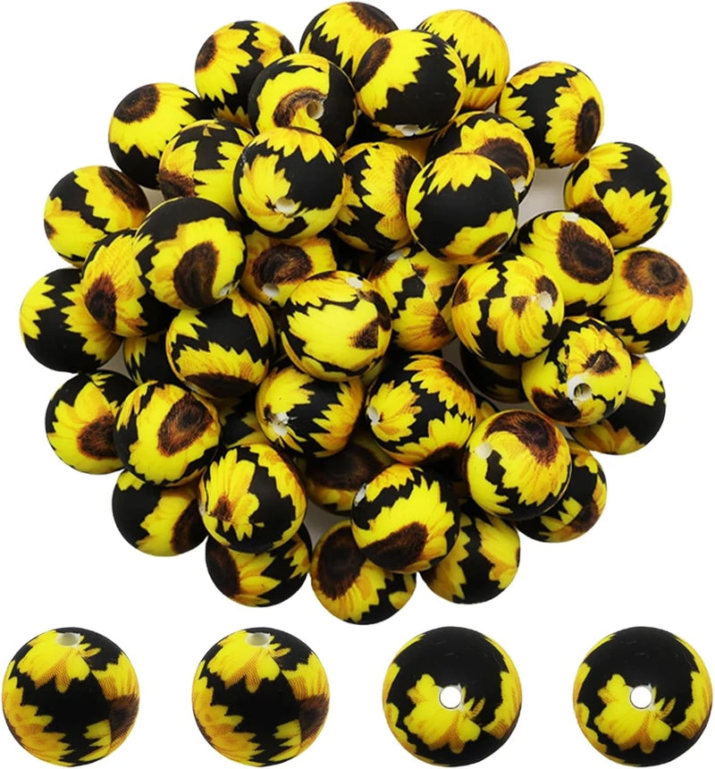 50Pcs Silicone Daisy Sunflower Beads 15Mm, Leopard Cow Animal Print, Flower Leav Sunflower