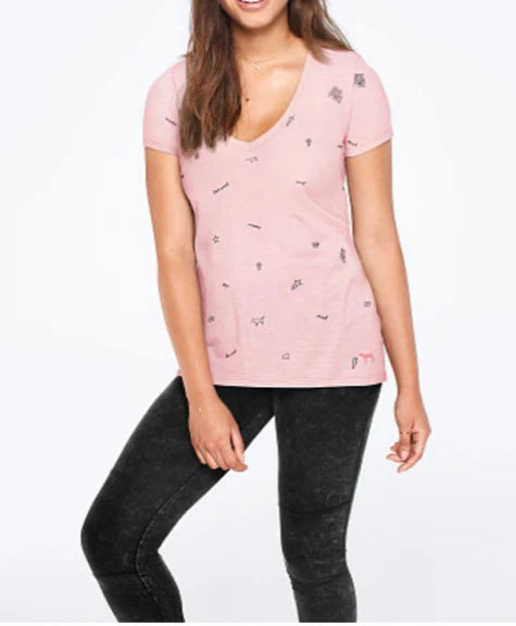 VICTORIA'S SECRET PINK pink V-neck tee with small rose-style logo print