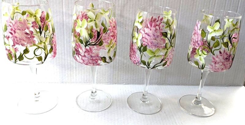 Hand Painted Pink Hydrangea Wine Water Block Shaped Stemmed Glasses Set of 4 Hydrangea