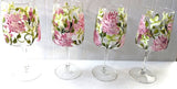 Hand Painted Pink Hydrangea Wine Water Block Shaped Stemmed Glasses Set of 4 Hydrangea