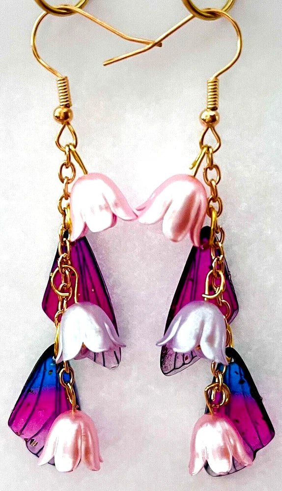 LILY OF THE VALLEY FLOWER/WING EARRINGS-PINK/LAVENDER FLOWERS-HANDCRAFTED-#673 Lily
