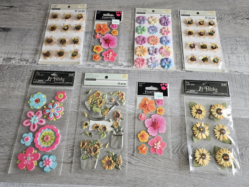 Floral 3D sticker lot with sunflowers and pink flower designs in assorted packs