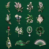 Enamel Pearl Flower Leaf Brooches Lily of The Valley Floral Lapel Pins Jewelry Lily