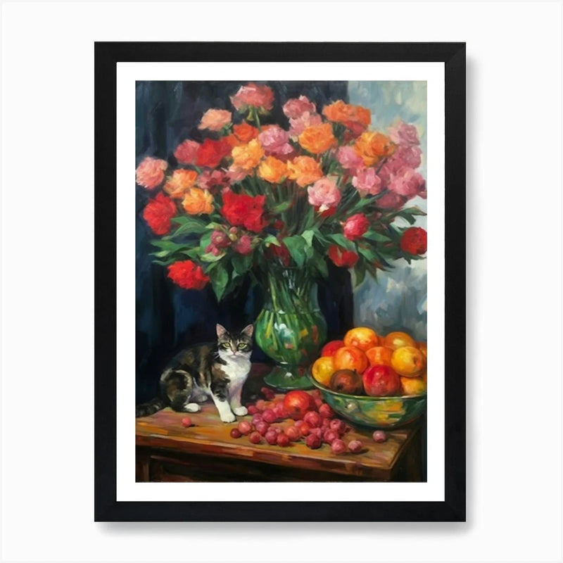 Framed wall art print with cat by a vase of colorful flowers and fruit bowl