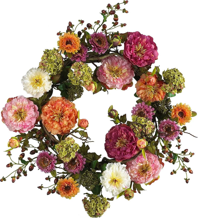 Nearly Natural 24in Artificial Peony Wreath Faux Floral Door Wreath for Indoor H Peony