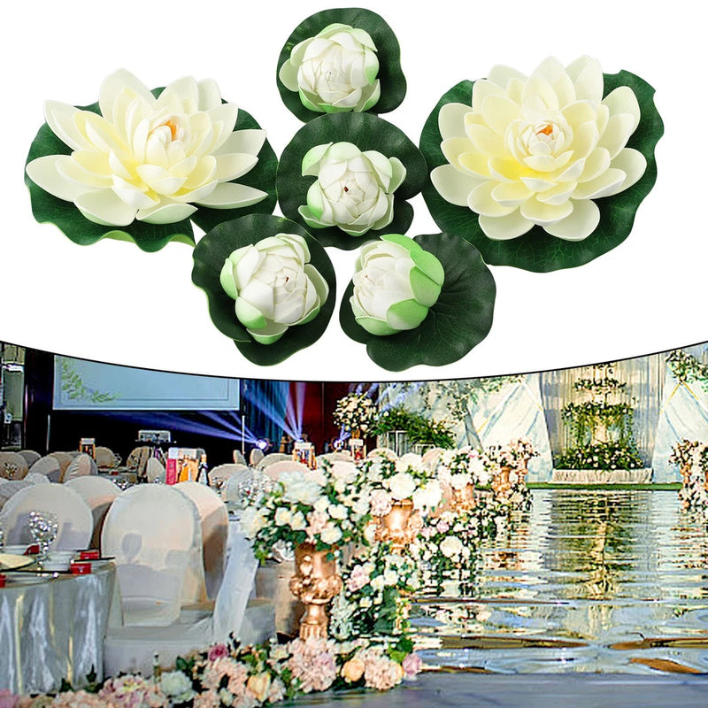 Artificial lotus water lily floating plant with white flowers and green leaves