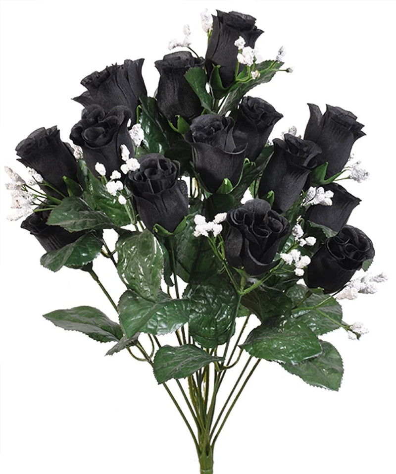 Faux silk rose bouquet with black blooms, green leaves, and small white filler flowers