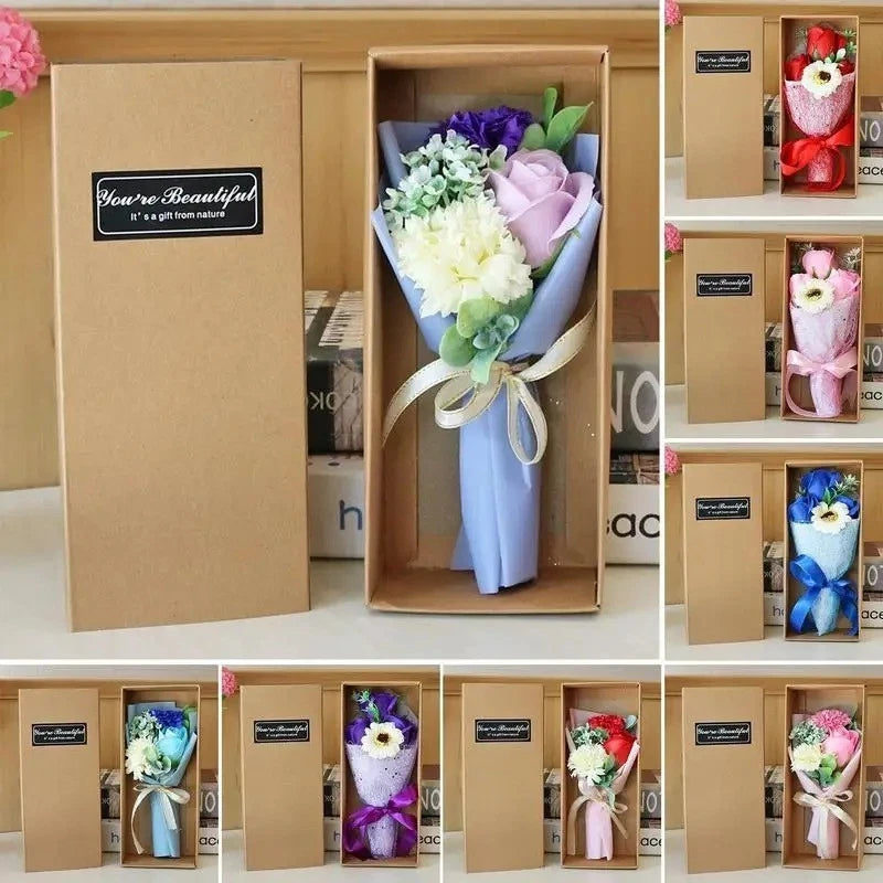 Scented soap flower bouquet in gift box, wrapped in light blue paper with ribbon