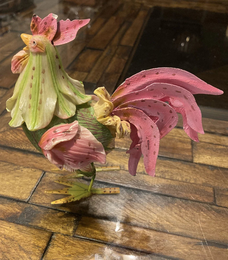 Flower rooster figurine, pink and green standing with wings raised on small base