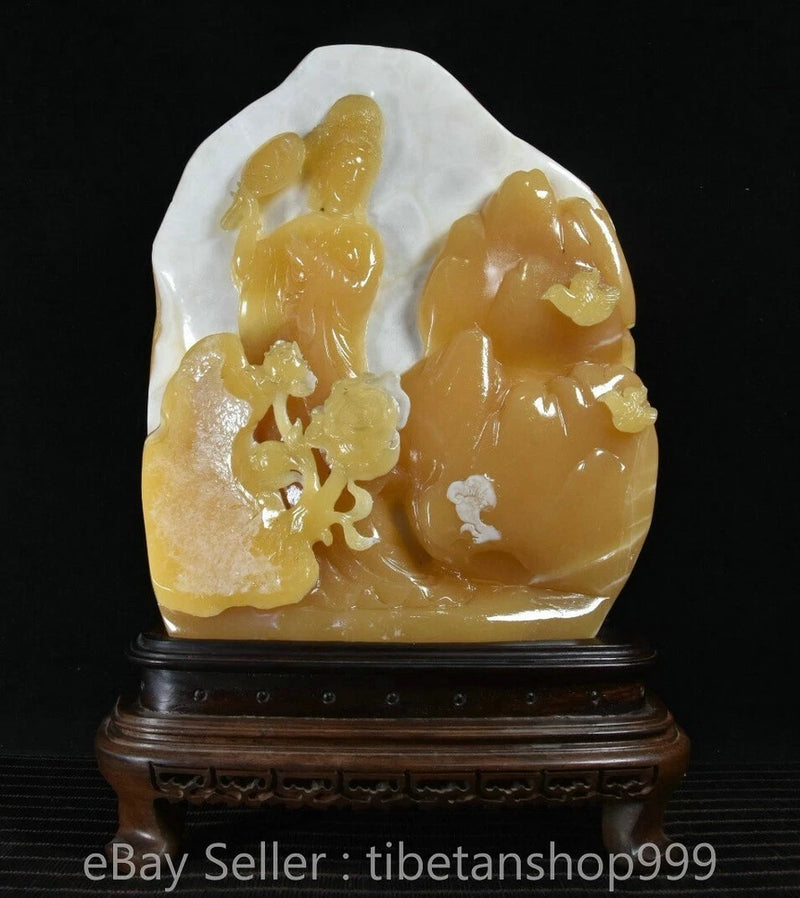 Yellow carved peony flower stone statue with curved base