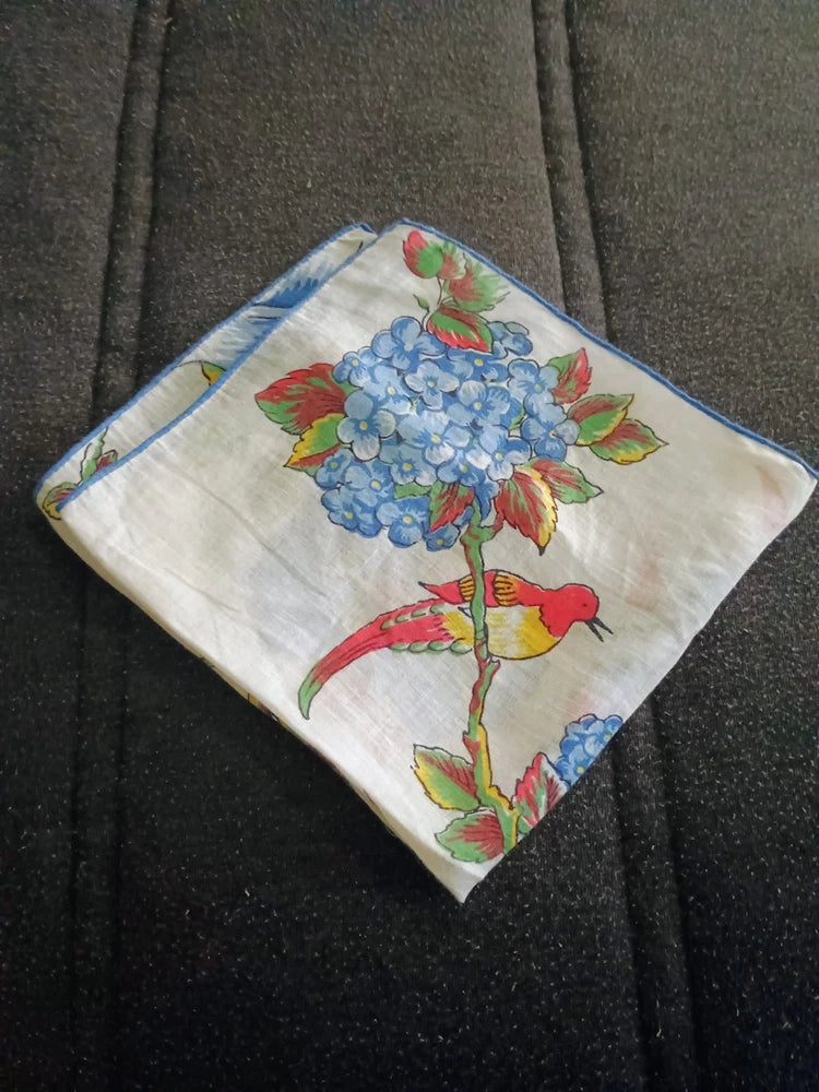 Ladies Handkerchief with Bird and Lillies and Hydrangea Vintage Hydrangea